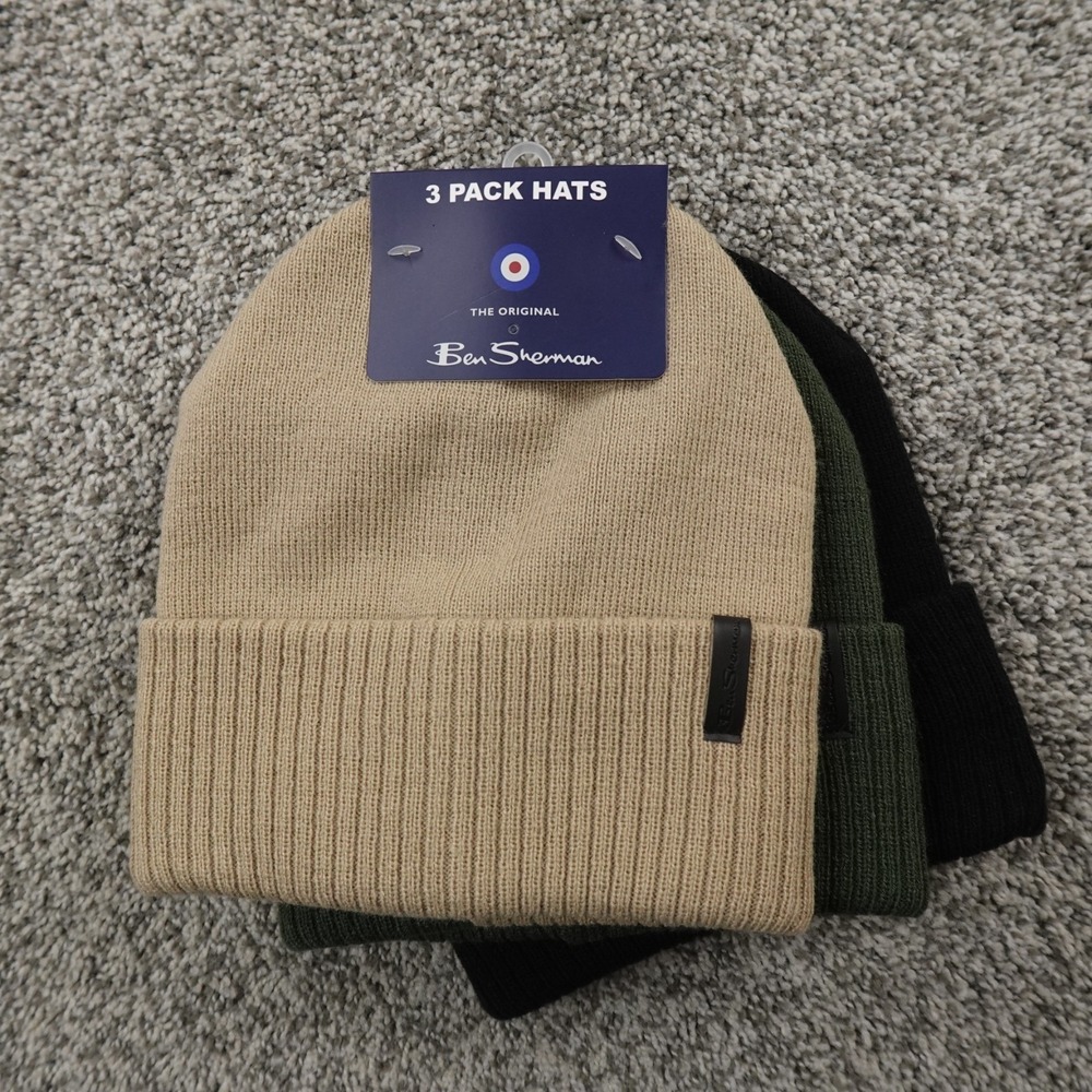 NEW Ben Sherman Hat Beanie Cap Mens One Size Green Black Beige Knit 3 Pack Warm